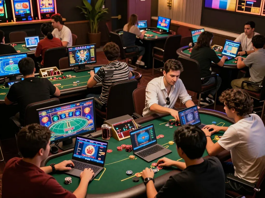 Engaging online gaming scene at https://mm88.vin/ showing players enjoying casino games on laptops.