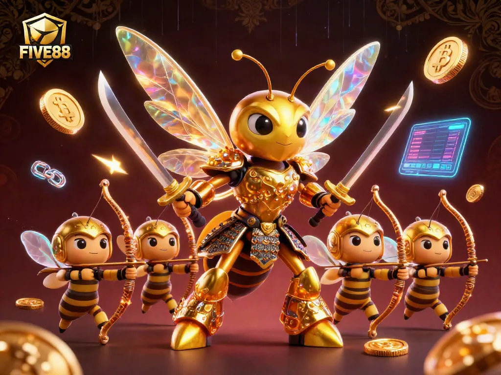 Engage with FIVE88's epic gaming adventure featuring a samurai hornet in a dynamic crypto-themed illustration.
