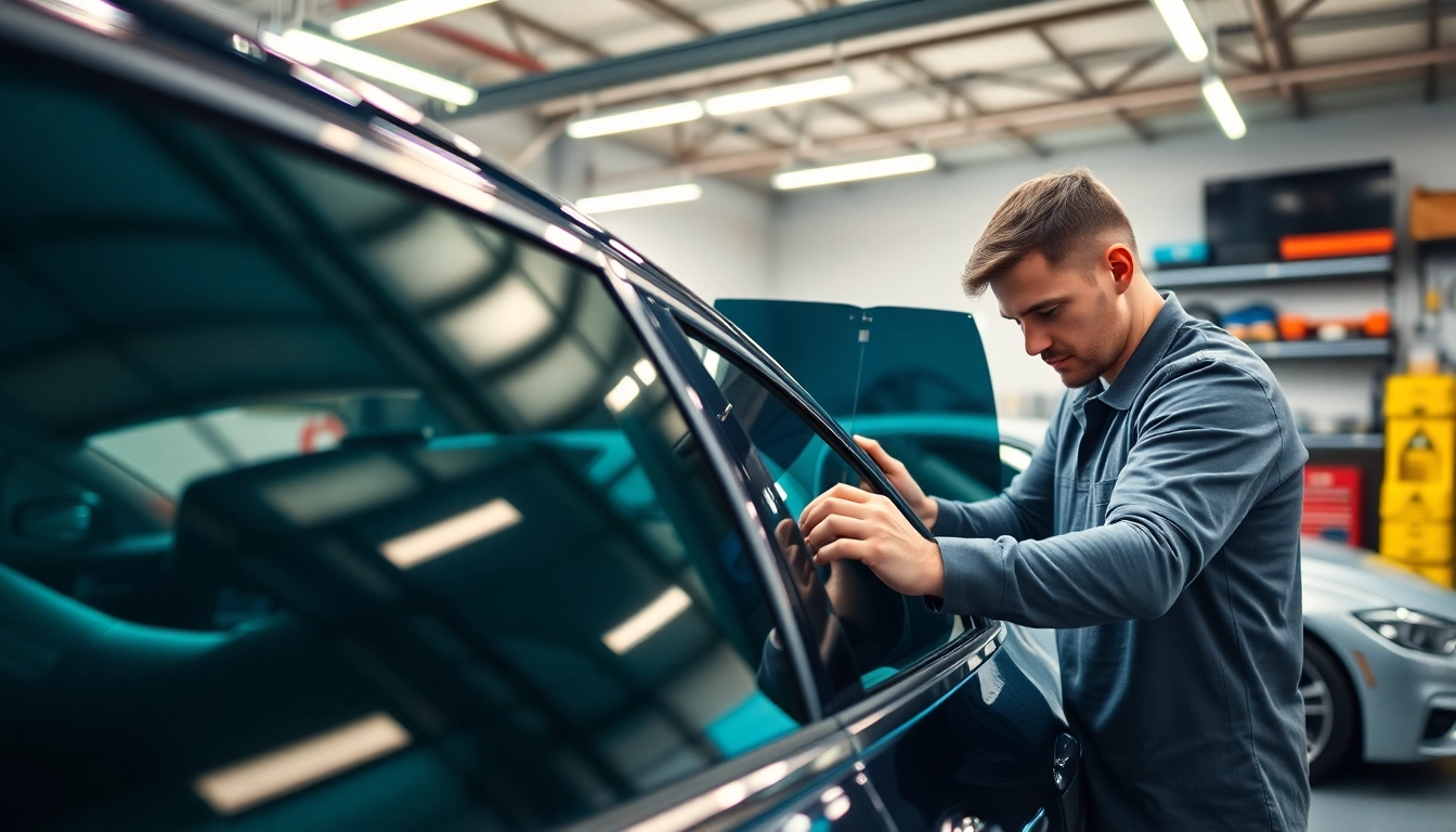 Get premium auto window tint near me during professional installation in a modern garage.