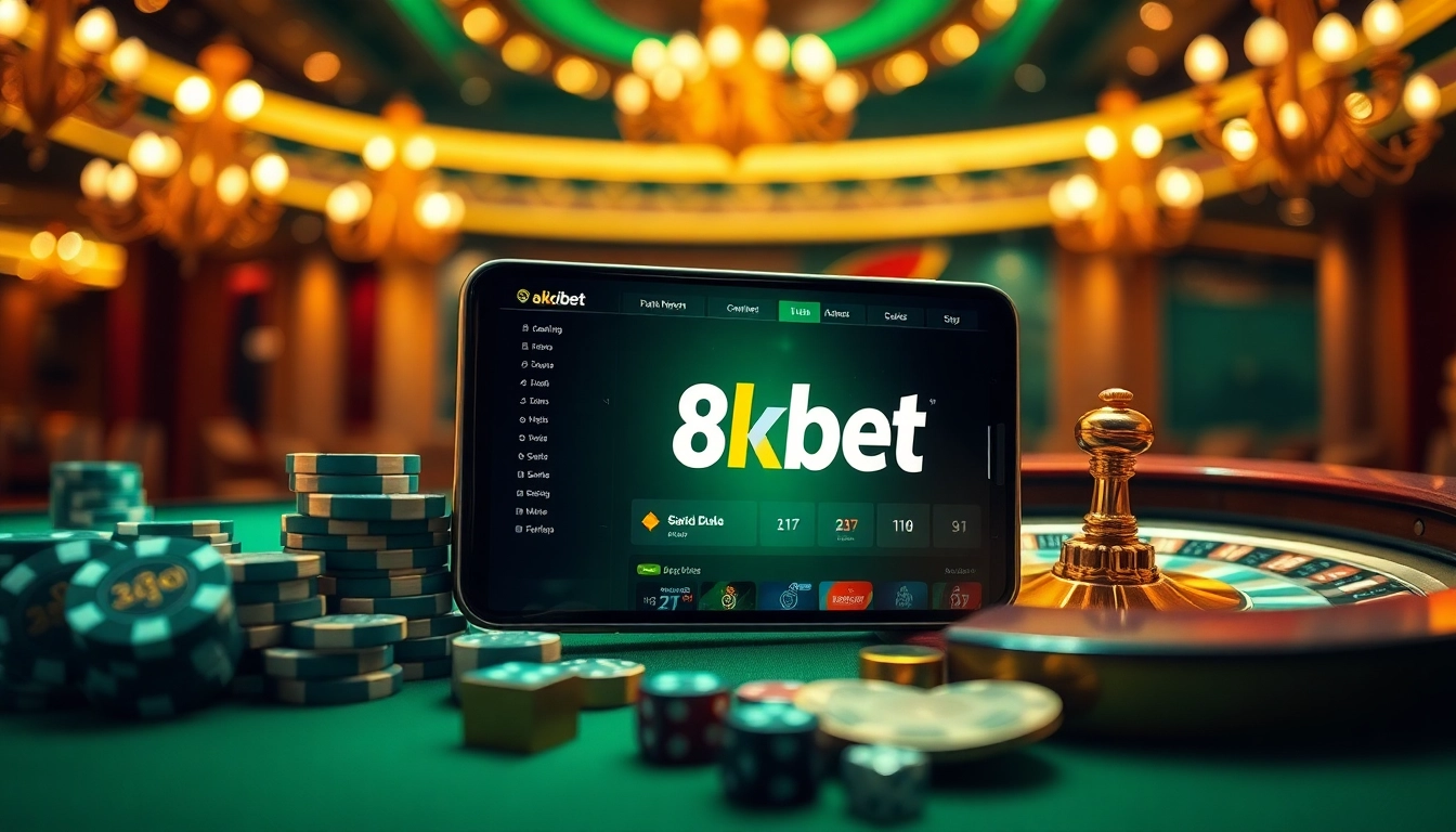 Experience 8kbet luxury with an online gambling interface showcasing poker, dice, and roulette excitement.