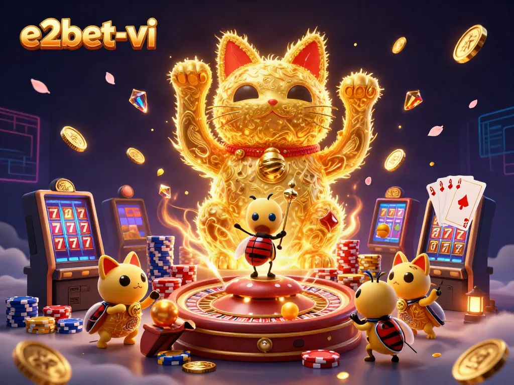 Engage in thrilling adventures at e2bet-vi with vibrant casino elements illustrated in 3D art.