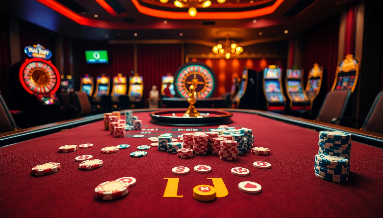 KJC Pro casino table featuring vibrant poker chips and cards at an exciting gambling scene.