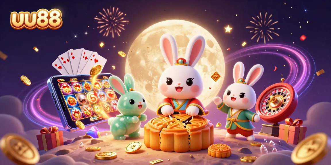uu88 platform showcases thrilling gaming with a festive 3D casino illustration of a moon rabbit.