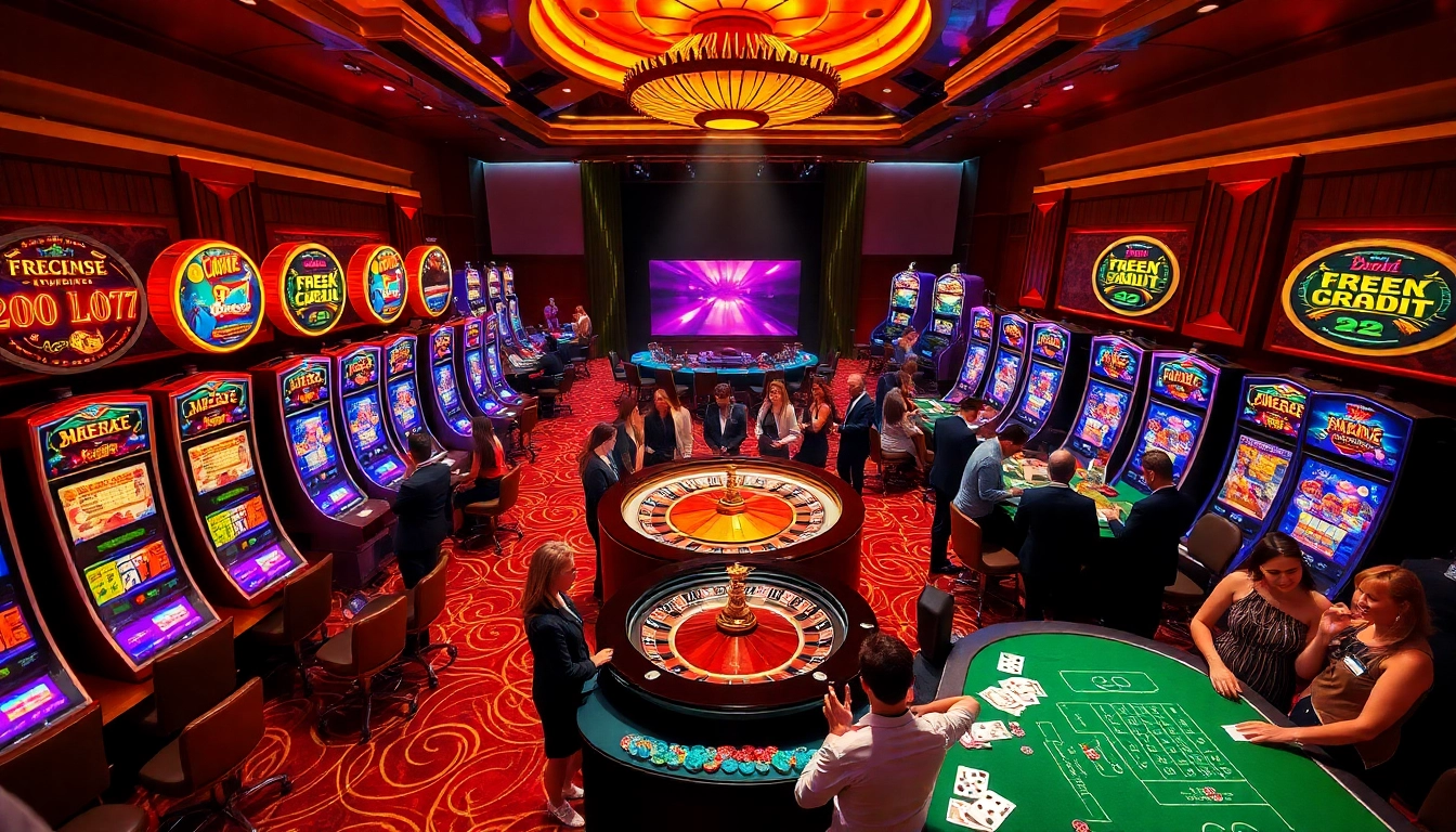 Players enjoying free credit live22 while engaging in thrilling slot games in a vibrant casino atmosphere.