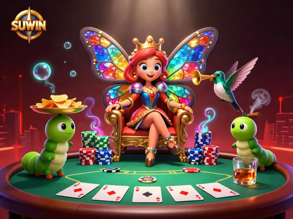 Suwin poker scene showcasing a vibrant 3D butterfly queen, poker chips, and engaging gameplay elements.