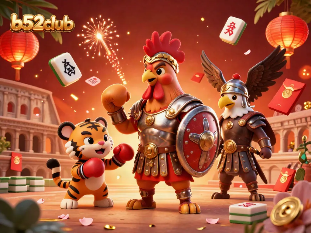 Experience the thrilling world of b52club with a lively 3D casino scene featuring a gladiator rooster and dynamic game elements.