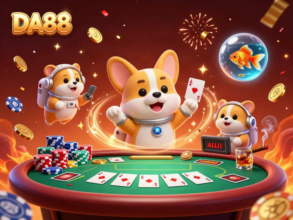 Experience excitement at DA88 with a 3D floating casino scene filled with action and vibrant elements.