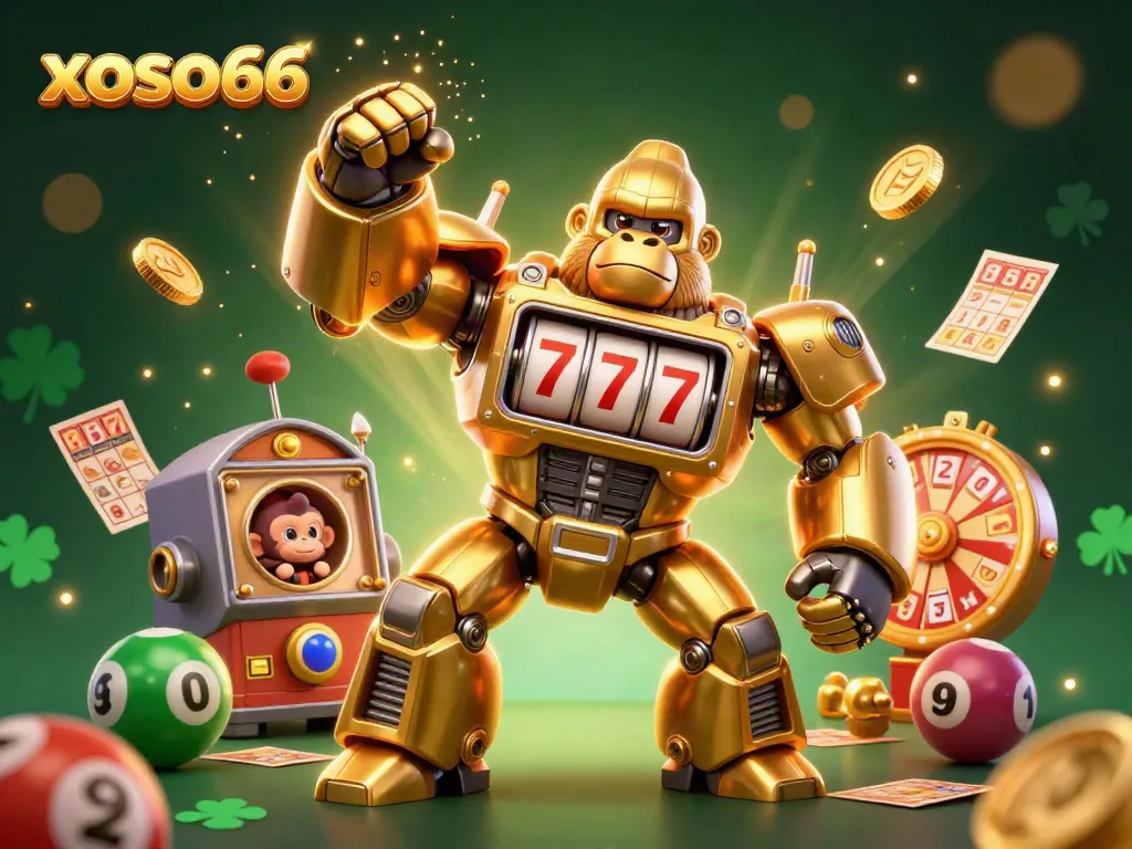 Xoso66 lottery mech energizes by shooting coins and prizes with vibrant characters