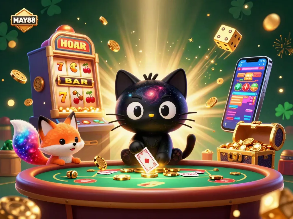 MAY88 captivates players with an exciting casino scene featuring games and vibrant characters.
