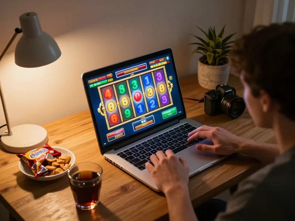 Player enjoys an online slot game at home with m88zo, showcasing vibrant graphics and a cozy ambiance.