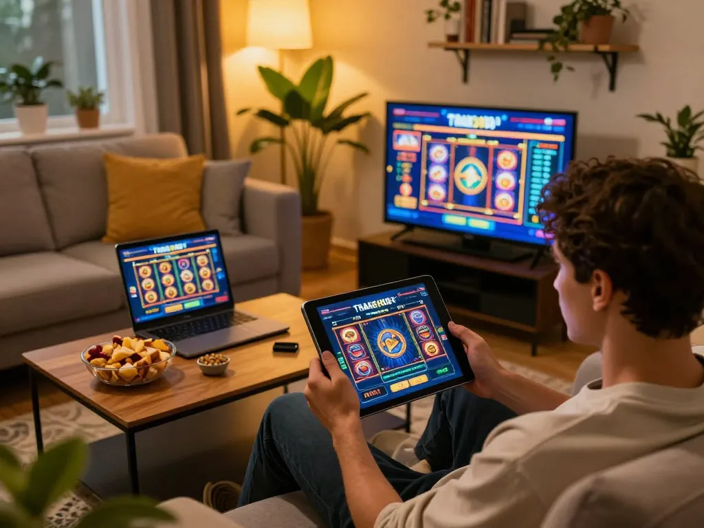 Engaging with Trang chủ F168 online casino on tablet in cozy home setting, showcasing strategic gameplay.