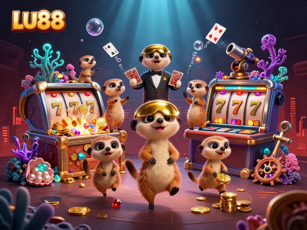Engaging scene with LU88 meerkats managing a vibrant casino, showcasing slots and treasure.
