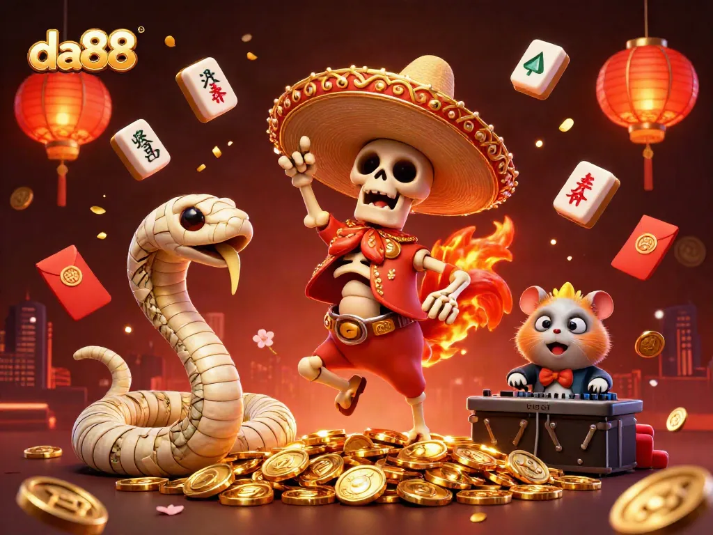 Experience the vibrant world of da88 with festive characters celebrating over golden coins in an exciting casino scene.