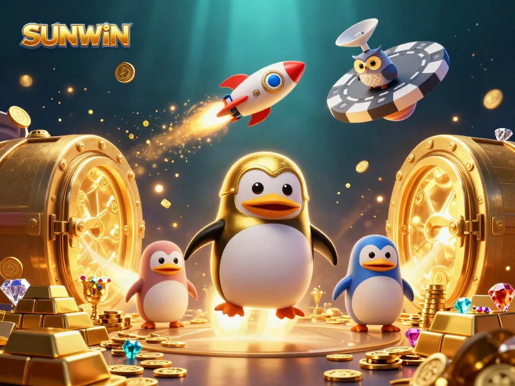 SUNWIN's thrilling journey through space with a golden penguin, jackpot treasures, and a vibrant casino backdrop.