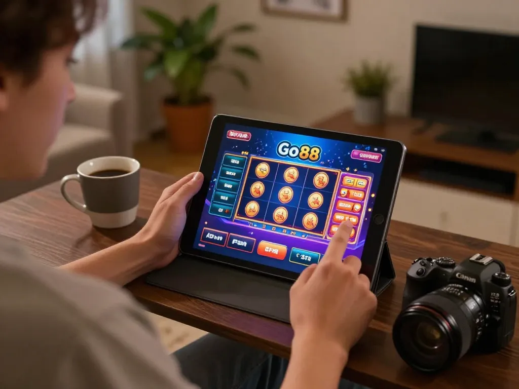 Người chơi tương tác với ứng dụng casino Go 88 trên máy tính bảng để có trải nghiệm trò chơi trực tuyến hấp dẫn.