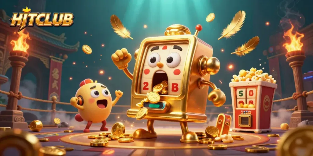 HITCLUB jackpot celebration with a cheerful slot machine and gold coins bursting out.