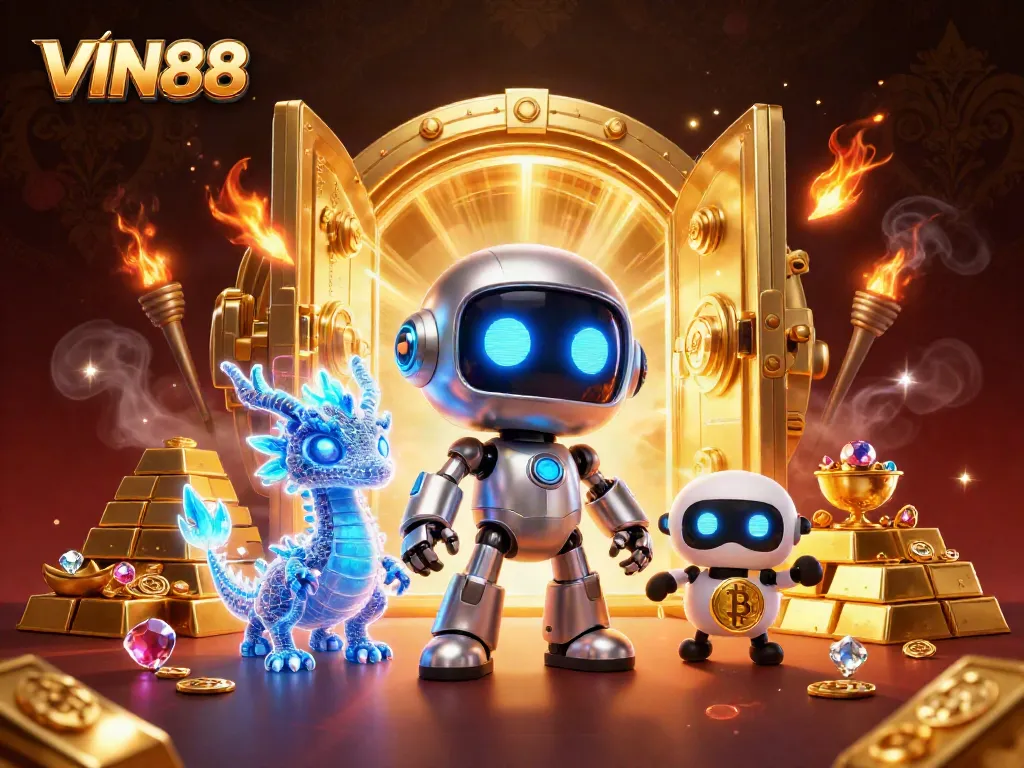 Engage with VIN88 to discover exciting gambling adventures featuring a neon cyberpunk robot and a bitcoin drone.