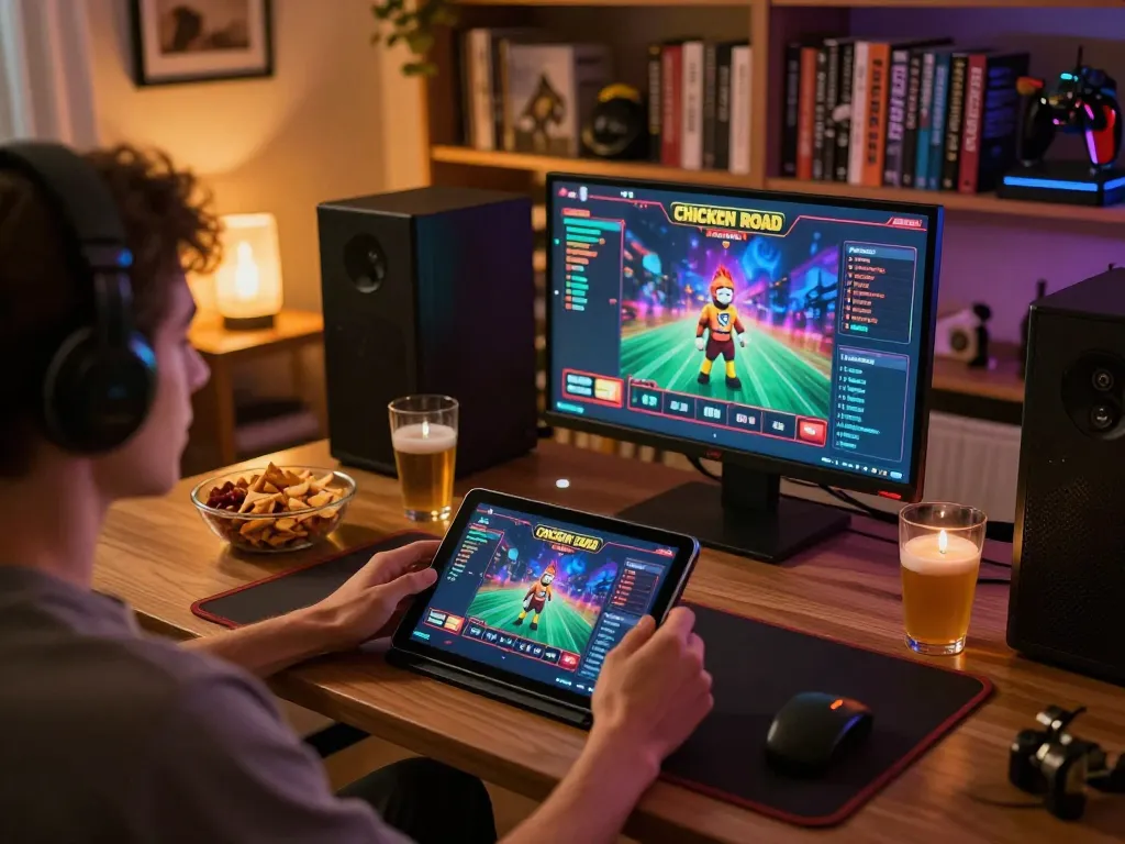 Giocatore coinvolto che si diverte con il gameplay delle recensioni di Chicken Road Casino su tablet in un accogliente ambiente domestico