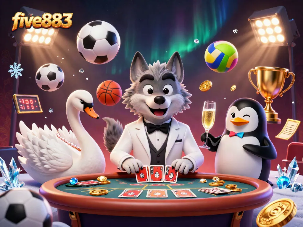 Experience thrilling gameplay at five883 with a debonair wolf, elegant swan, and penguin in a lively casino scene.