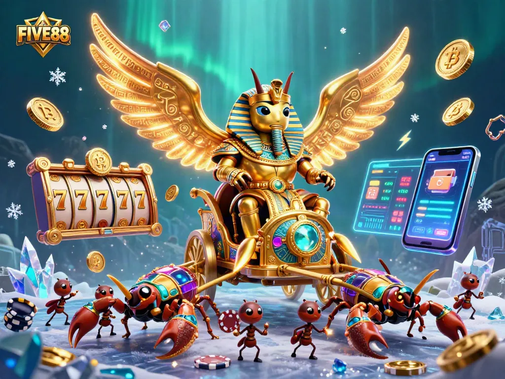 Engage with FIVE88's exciting gaming scene showcasing vibrant slot reels and iconic casino elements.
