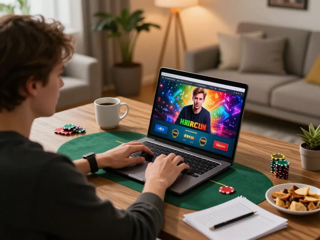 Tham gia vào một phiên chơi game trực tuyến sôi động tại nhà, giao diện poker Rik vip hiển thị trên laptop