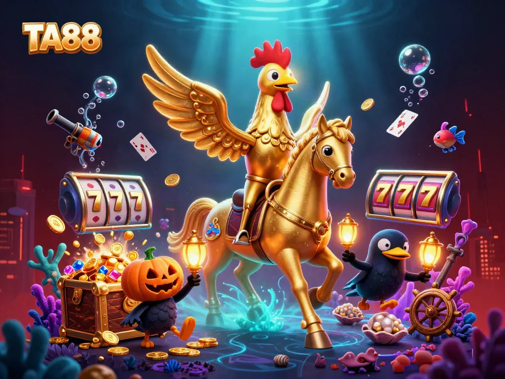 Experience the excitement at TA88 with a golden rooster riding a spectral horse in a vibrant casino