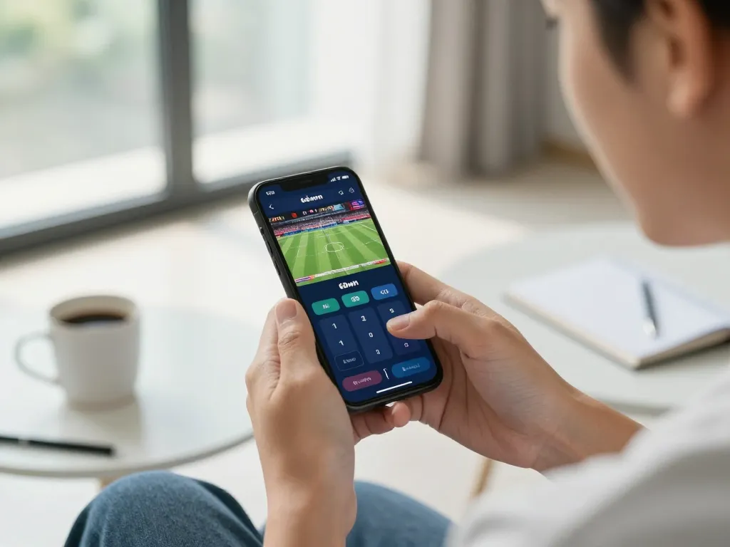 Player engaging with nhà cái 68win mobile app to place a bet on live sports in a cozy home setting
