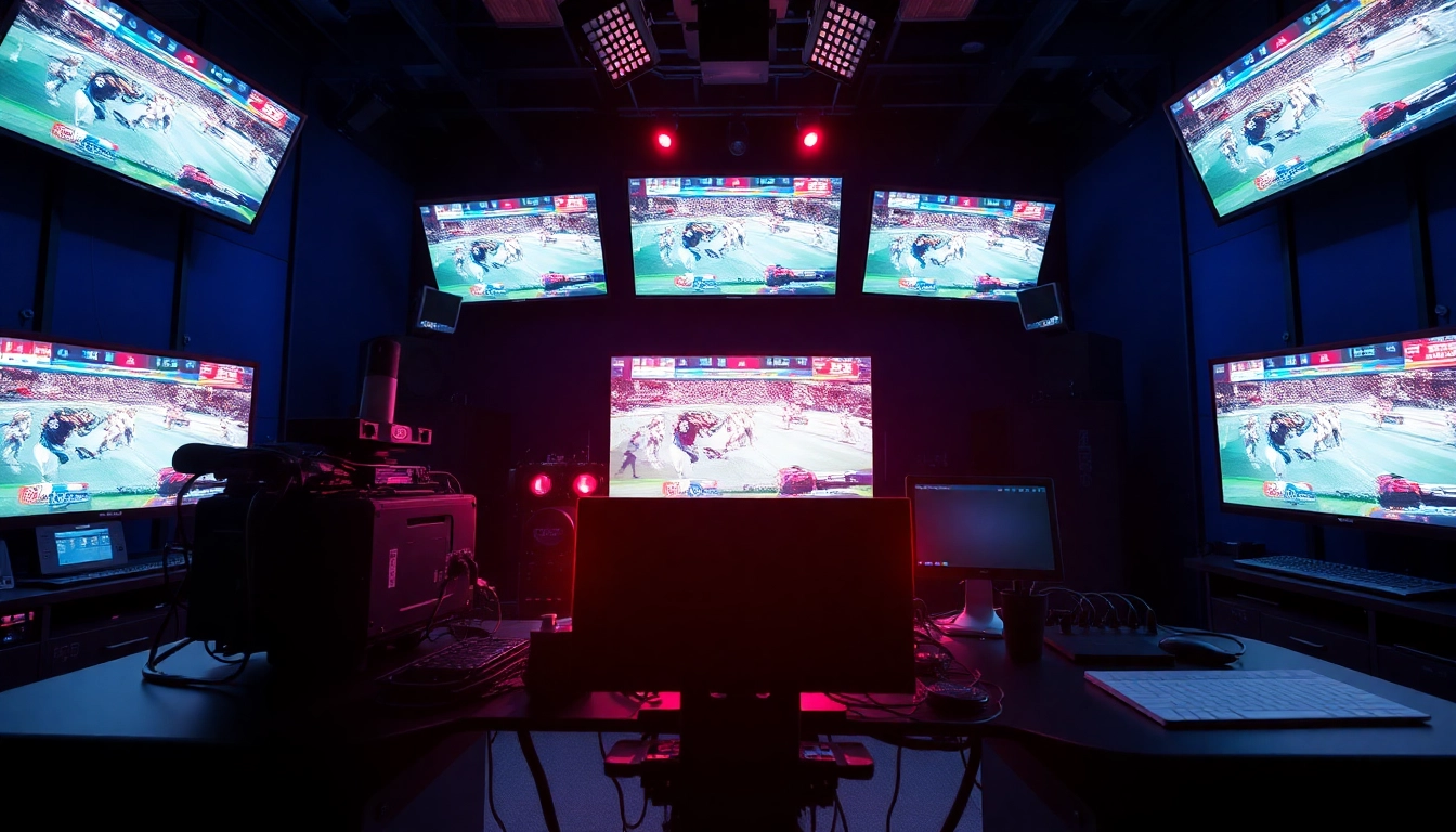 Engaging scene of sports broadcasting with advanced equipment and screens showcasing live events.