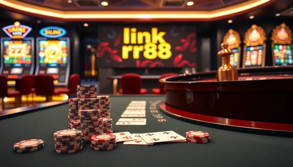 Engage with exciting casino action showcasing link rr88 along with poker chips, cards, and a roulette wheel.