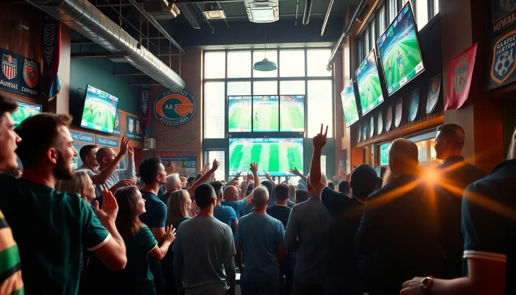 Fans enjoying live football matches on https://okwintv.zone/ in a lively sports bar atmosphere.
