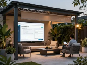 Gestire le funzionalità della pergola con un CMS in uno spazio moderno per esterni.