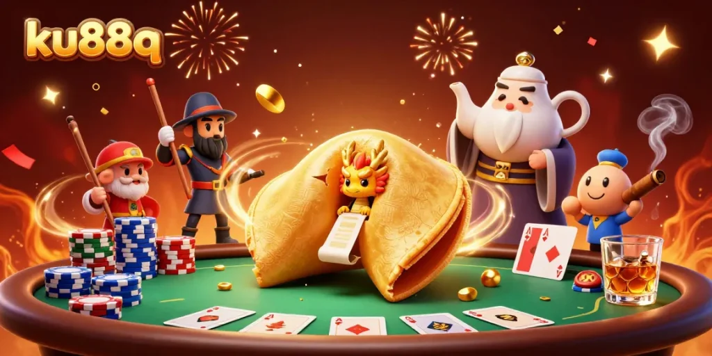 Engage with ku88q's thrilling casino atmosphere featuring vivid characters and poker elements.