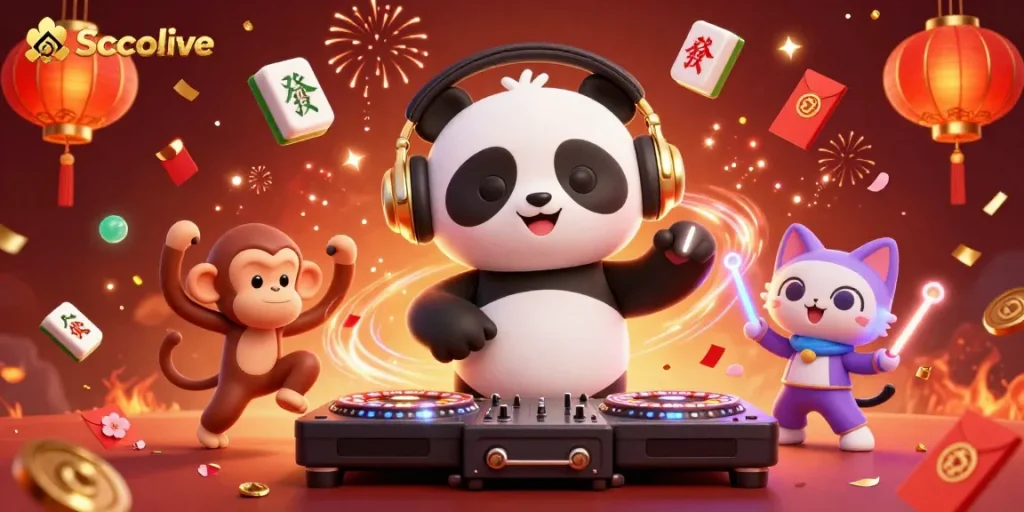 Socolive delivers vibrant, competitive energy in a casino-themed scene with DJ panda and lively decor.