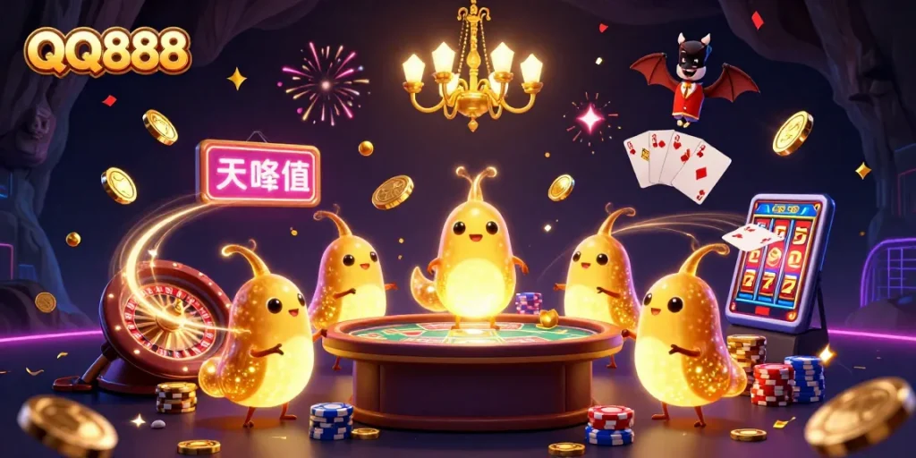 Engage in thrilling gameplay at QQ888 with a vibrant casino scene featuring glowing characters and dynamic casino elements.
