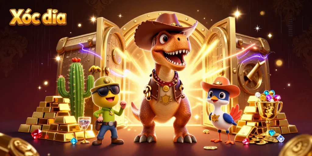Xóc đĩa game illustration with cowboy dinosaur, cactus, and roadrunner enjoying treasure.