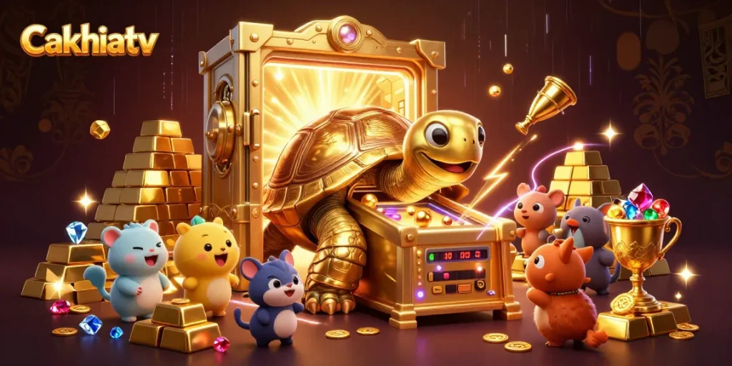 Cakhiatv features an exciting 3D scene with a golden tortoise pinball machine, surrounded by vibrant treasure and energetic animals playing.