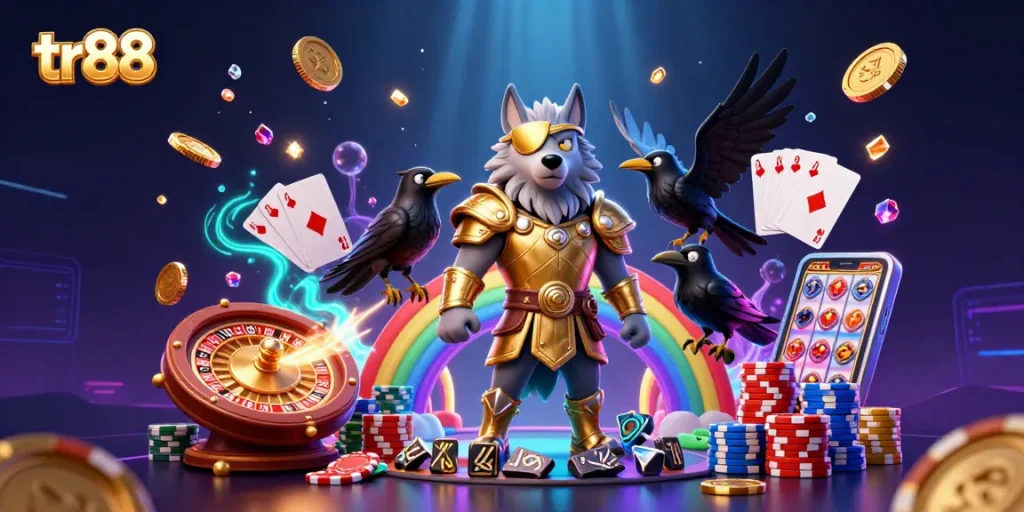 tr88 immerses players in a vibrant casino scene with Odin and his ravens enhanced by a rainbow bridge of chips.