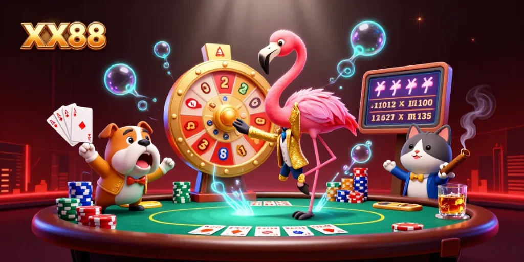 Experience engaging casino gameplay at XX88 with a vibrant illustration featuring a game show host and exciting gaming elements.