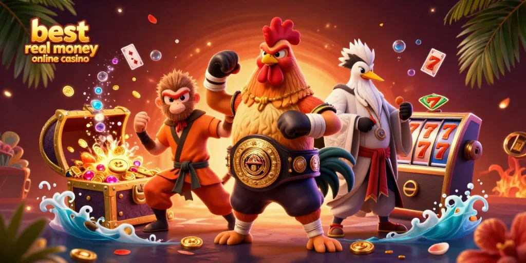 The best real money online casino features dynamic characters like a Muay Thai rooster and a Shaolin monkey surrounded by dazzling gaming elements.